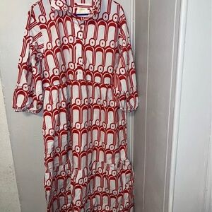 Anthropologie Red and White Geometric Long Sleeve Dress